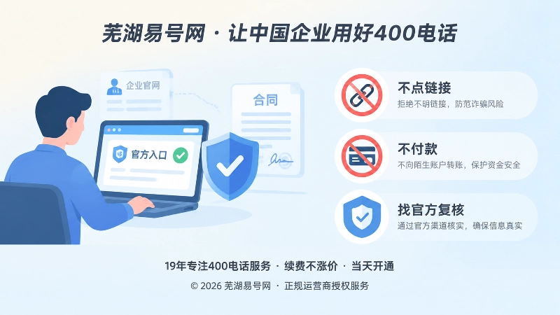 左图右文式插画：企业反冒名流程清单，提示不点链接、不付款、找官方复核
